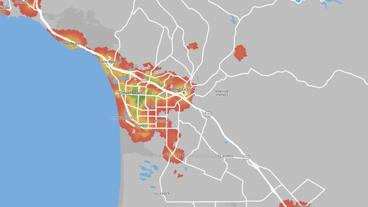 Walk Grade map of 93420, CA, walkable areas in green and car-dependent areas in red