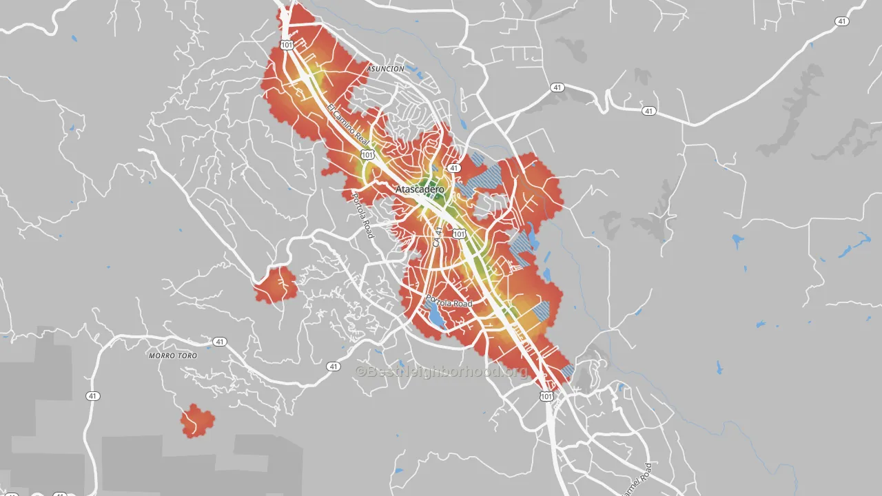 Walk Grade map of 93422, CA, walkable areas in green and car-dependent areas in red