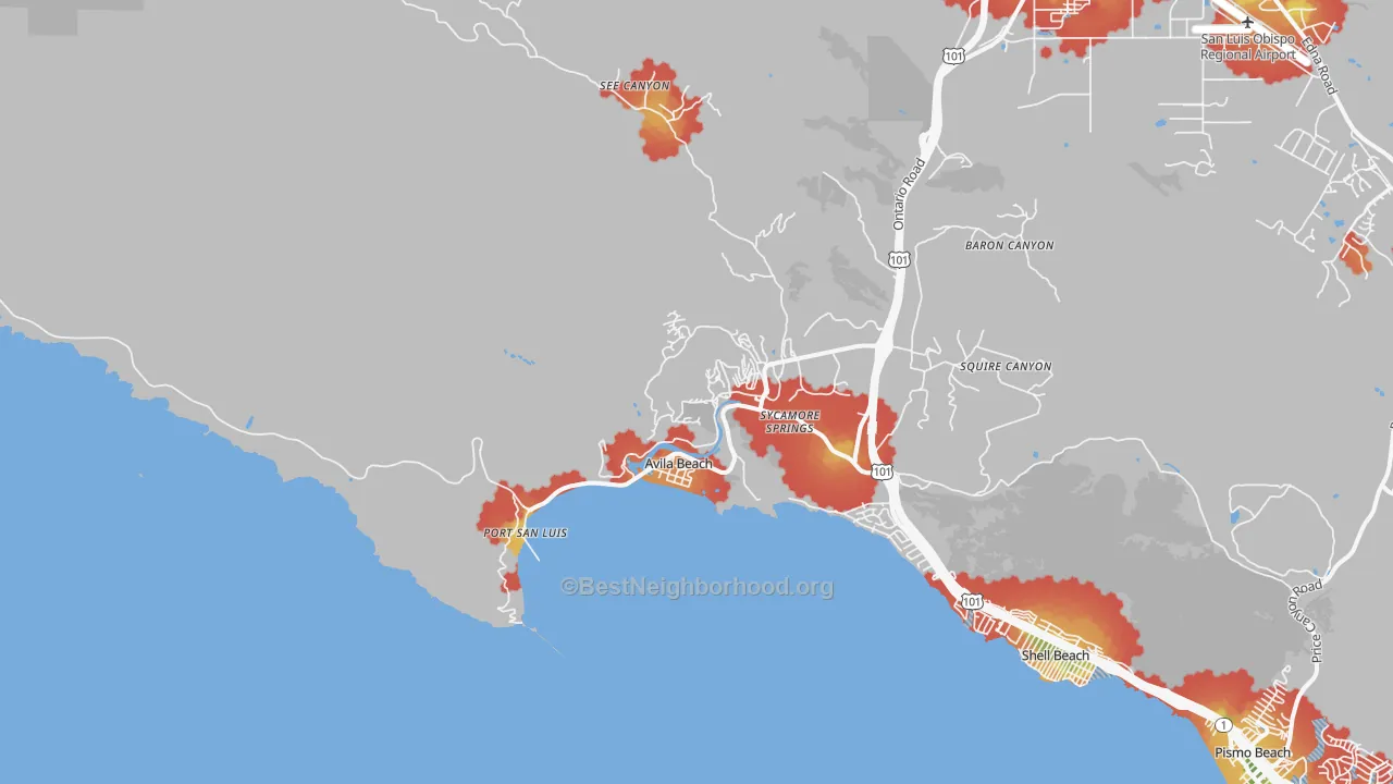 Walk Grade map of 93424, CA, walkable areas in green and car-dependent areas in red