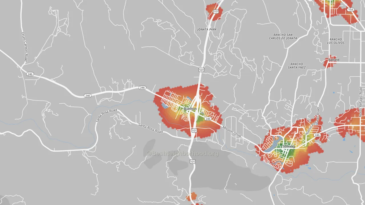 Walk Grade map of 93427, CA, walkable areas in green and car-dependent areas in red
