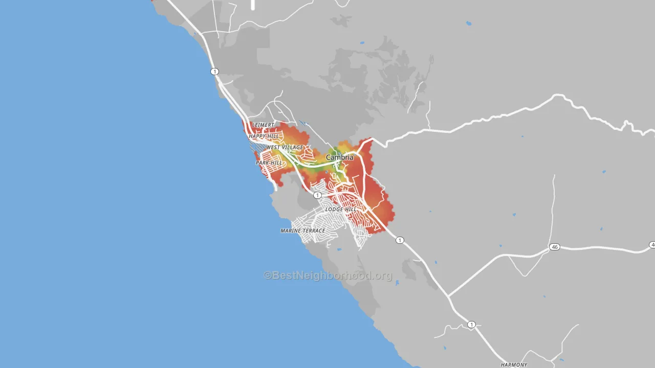 Walk Grade map of 93428, CA, walkable areas in green and car-dependent areas in red
