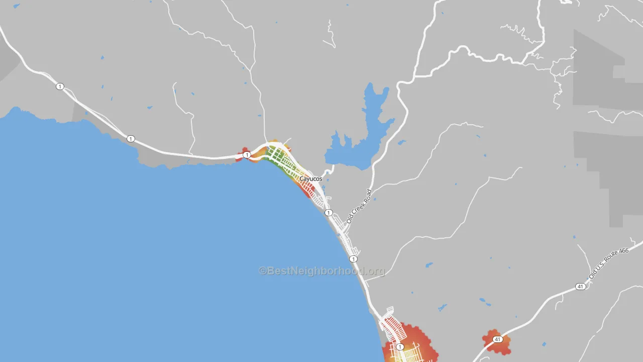 Walk Grade map of 93430, CA, walkable areas in green and car-dependent areas in red