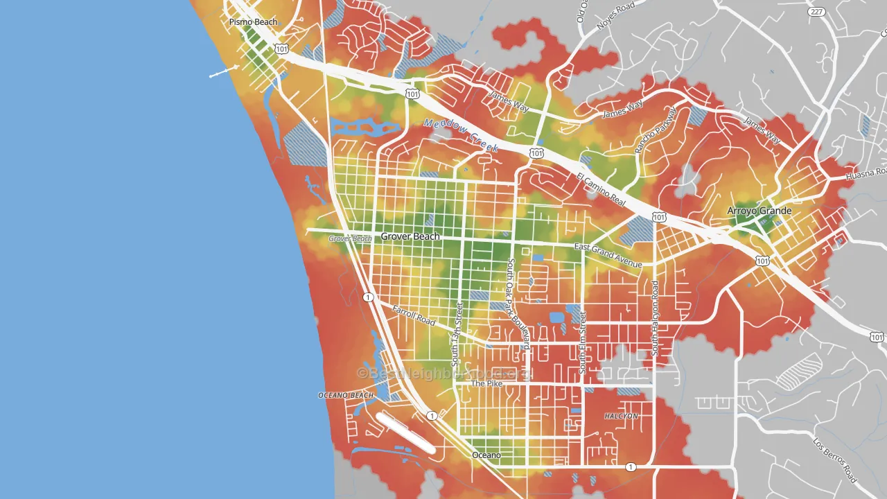 Walk Grade map of 93433, CA, walkable areas in green and car-dependent areas in red