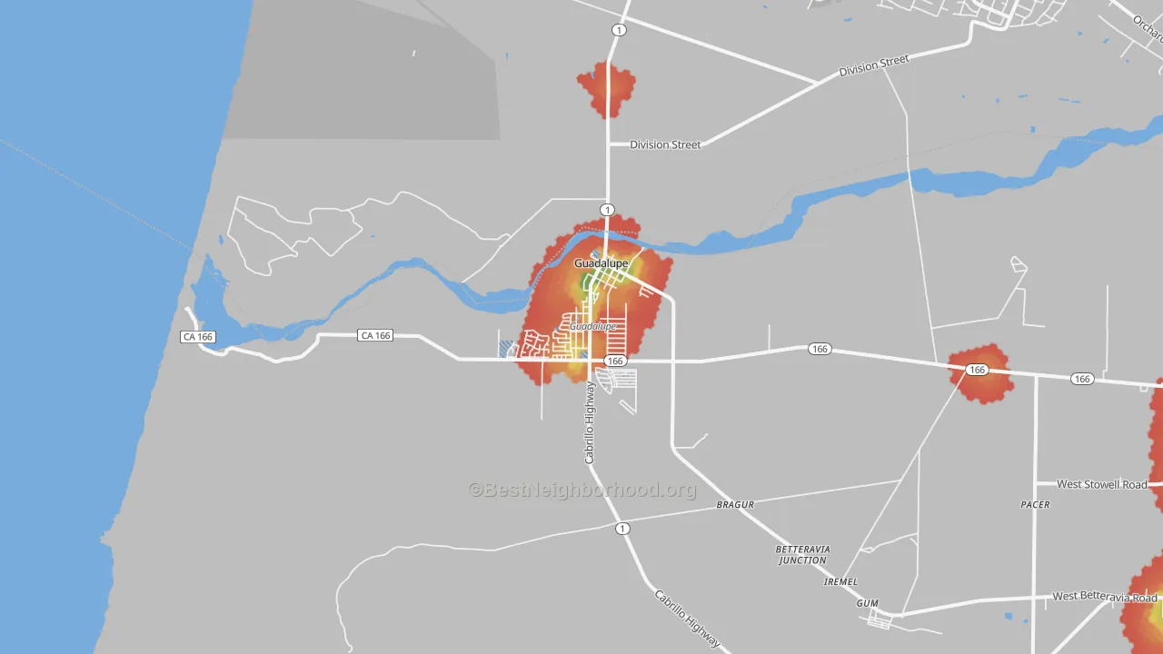 Walk Grade map of 93434, CA, walkable areas in green and car-dependent areas in red