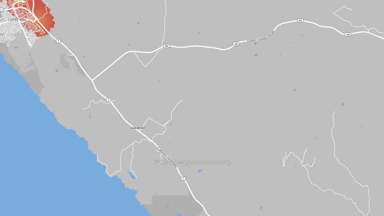 Walk Grade map of 93435, CA, walkable areas in green and car-dependent areas in red