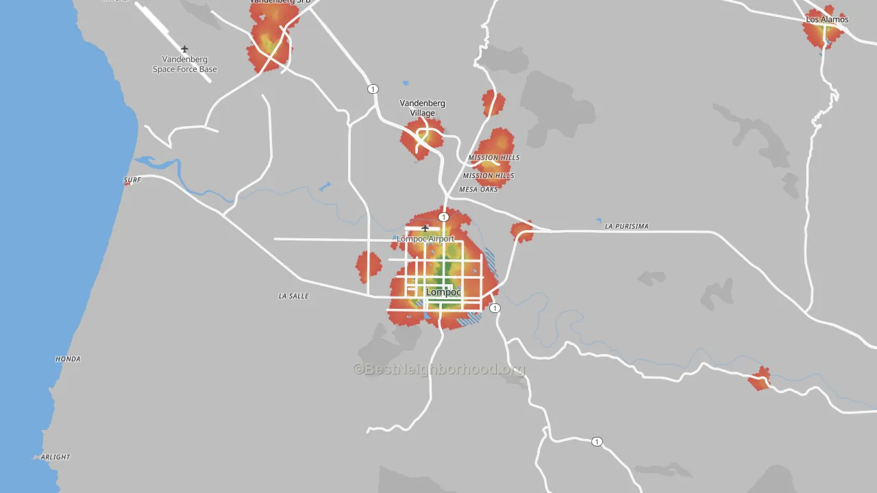 Walk Grade map of 93436, CA, walkable areas in green and car-dependent areas in red