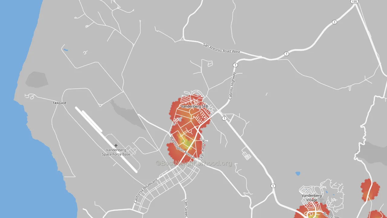Walk Grade map of 93437, CA, walkable areas in green and car-dependent areas in red