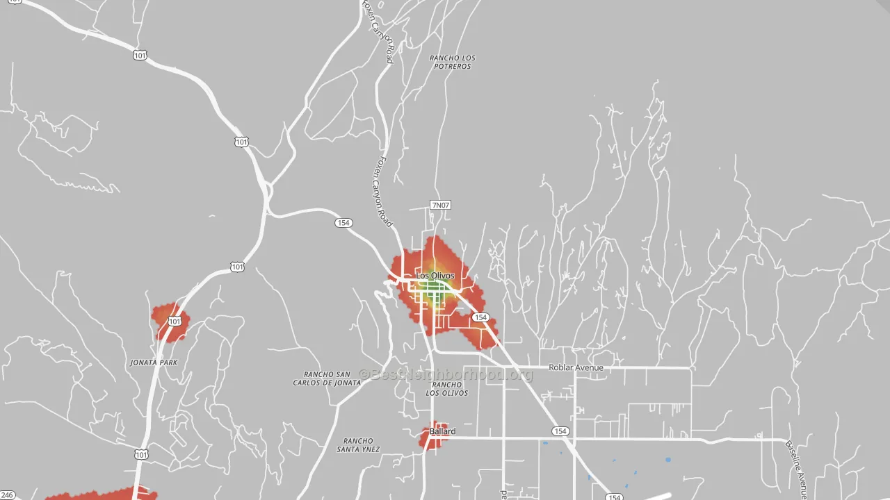 Walk Grade map of 93441, CA, walkable areas in green and car-dependent areas in red