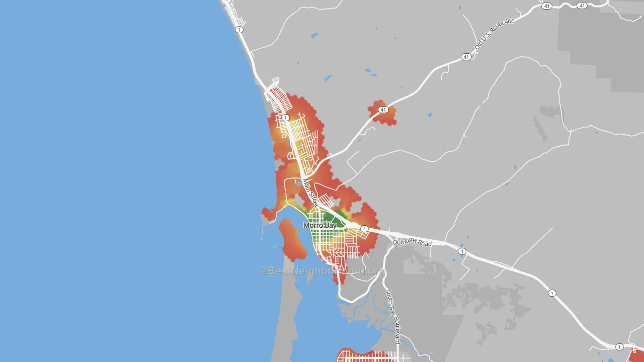 Walk Grade map of 93442, CA, walkable areas in green and car-dependent areas in red
