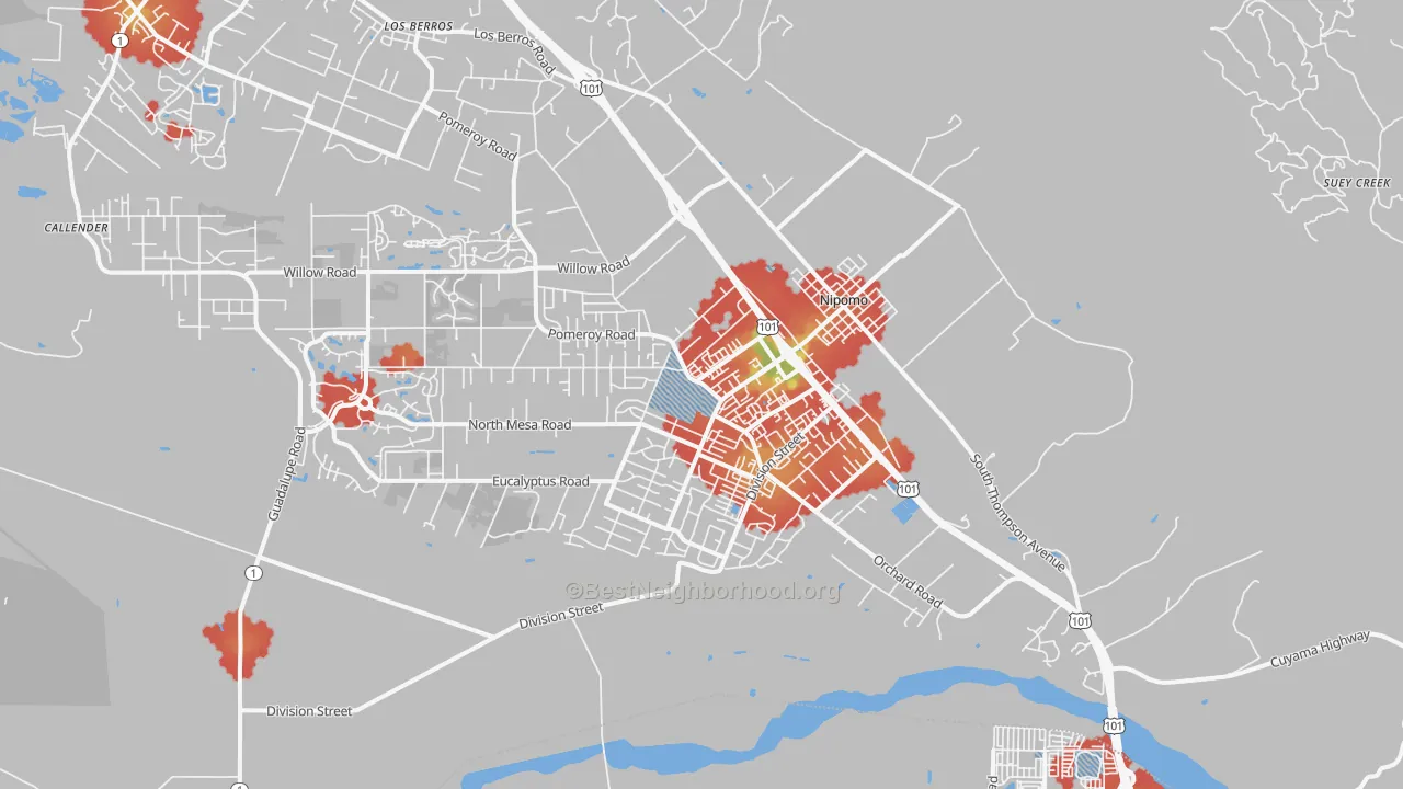 Walk Grade map of 93444, CA, walkable areas in green and car-dependent areas in red
