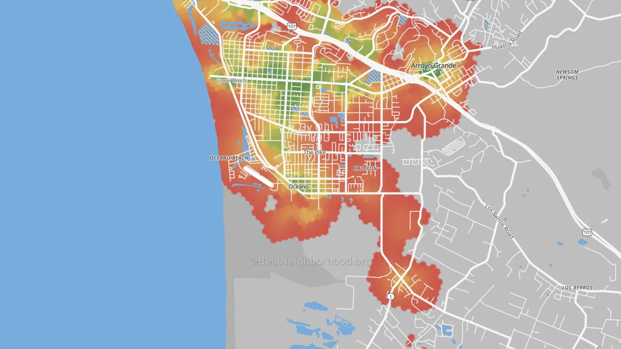 Walk Grade map of 93445, CA, walkable areas in green and car-dependent areas in red