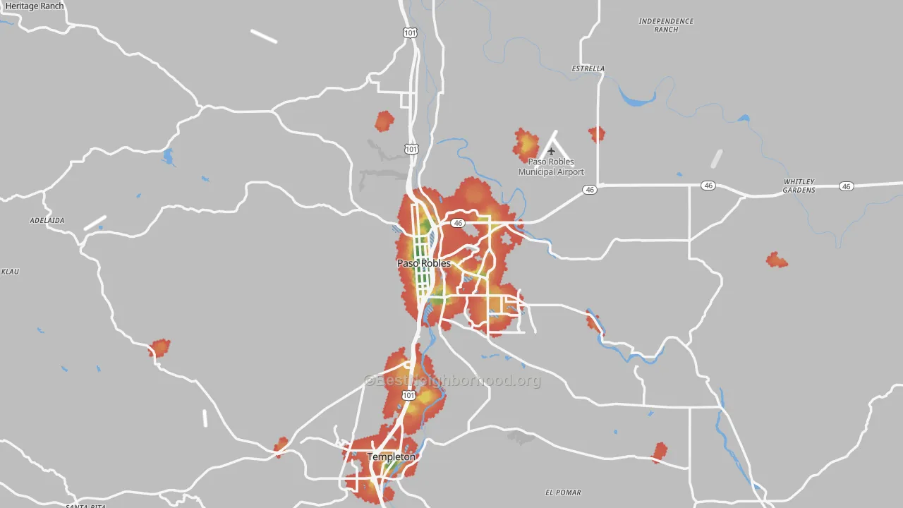 Walk Grade map of 93446, CA, walkable areas in green and car-dependent areas in red