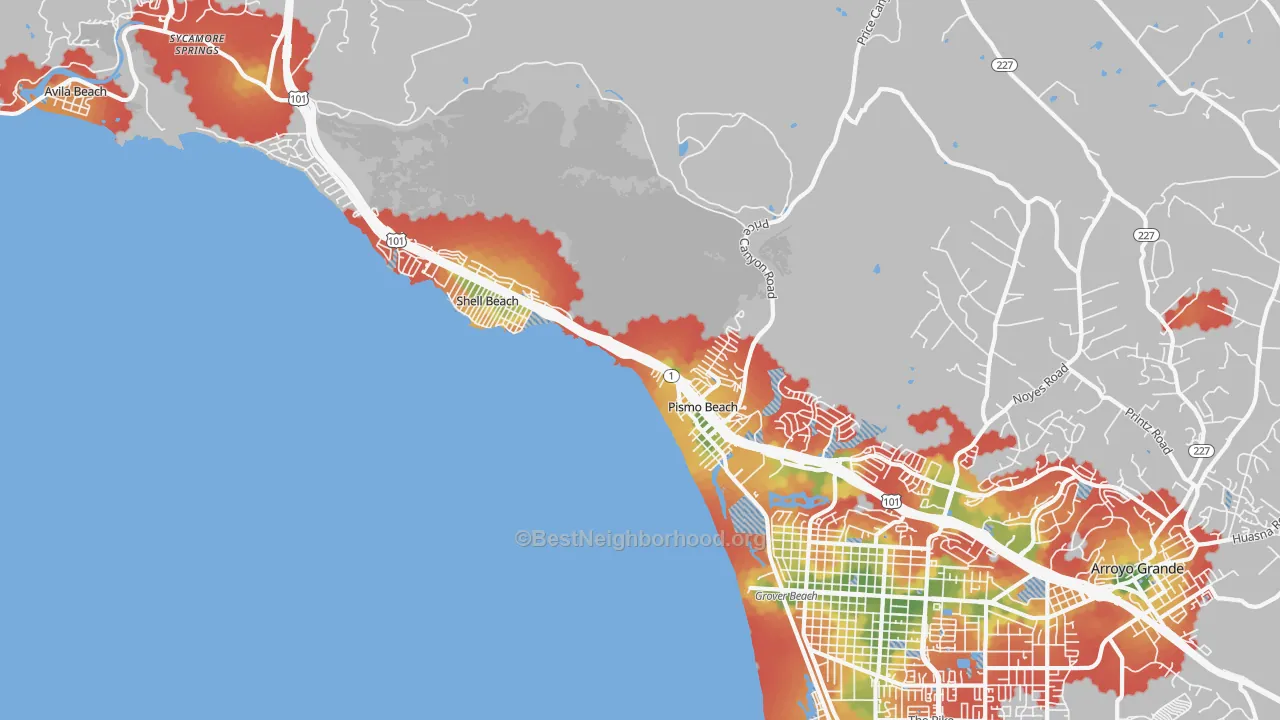 Walk Grade map of 93449, CA, walkable areas in green and car-dependent areas in red