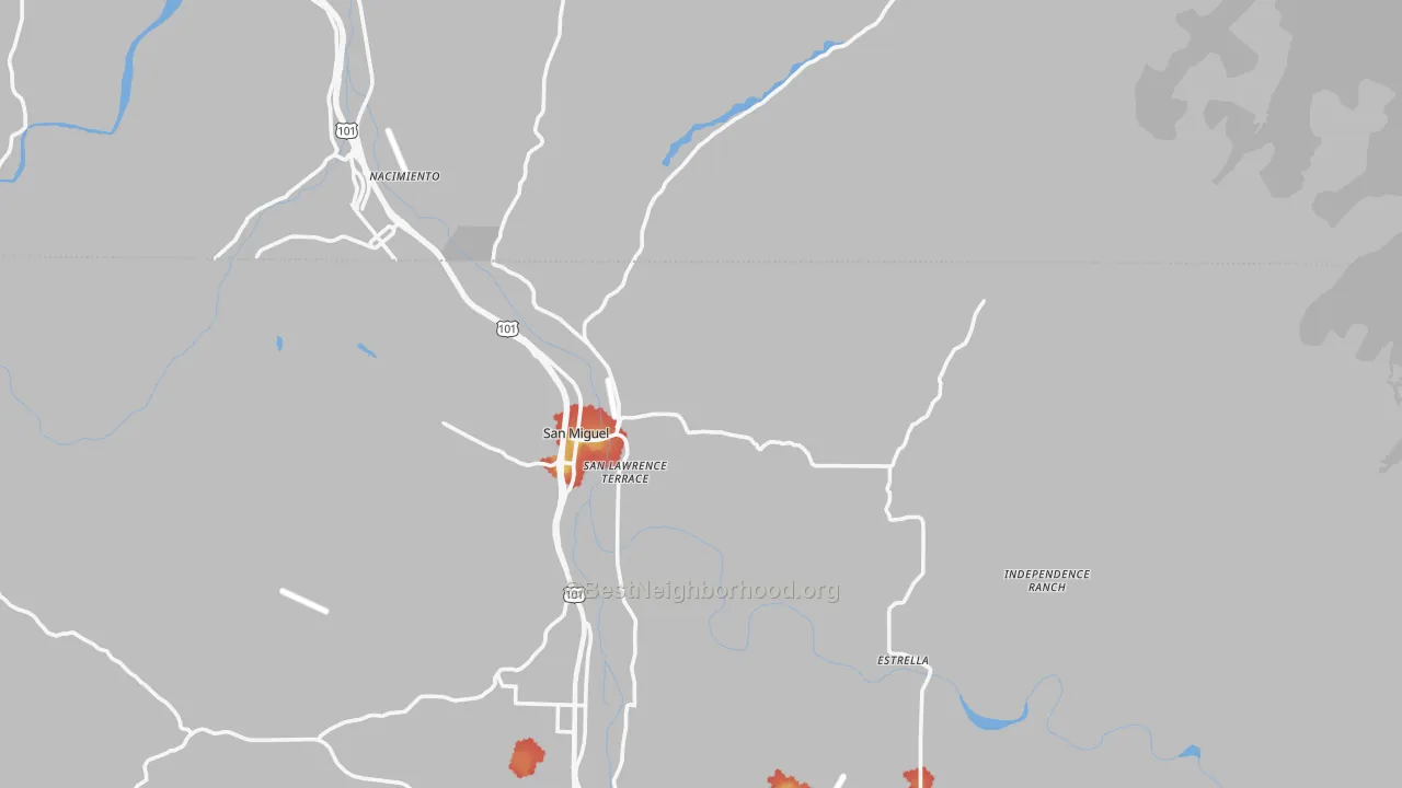 Walk Grade map of 93451, CA, walkable areas in green and car-dependent areas in red