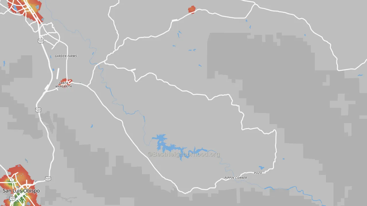 Walk Grade map of 93453, CA, walkable areas in green and car-dependent areas in red
