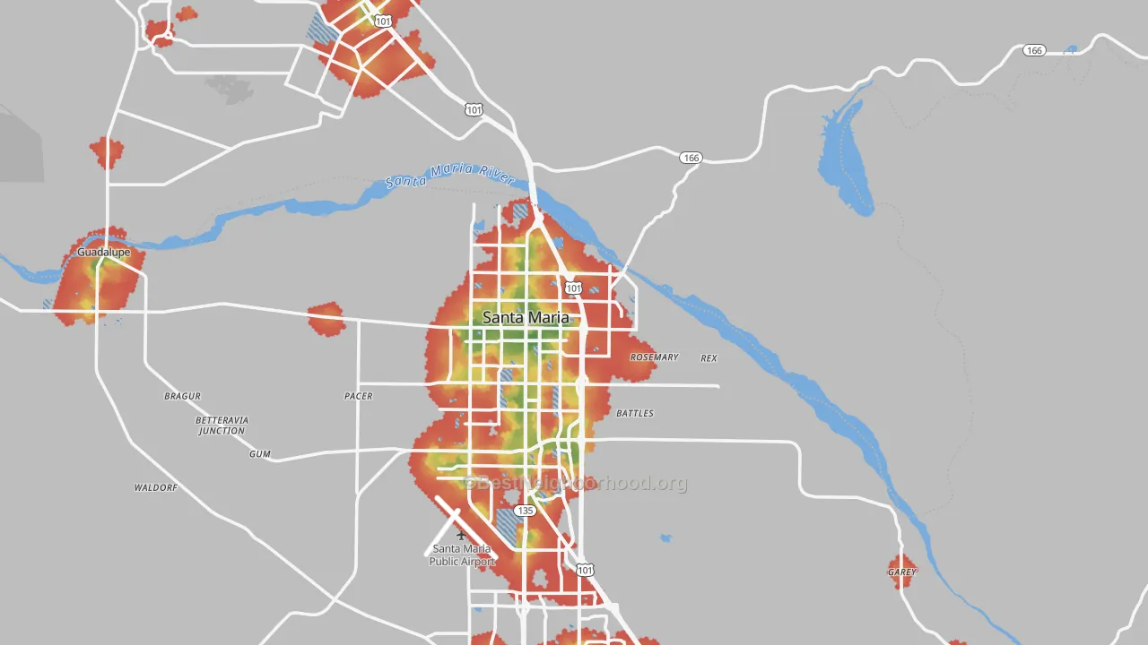 Walk Grade map of 93454, CA, walkable areas in green and car-dependent areas in red