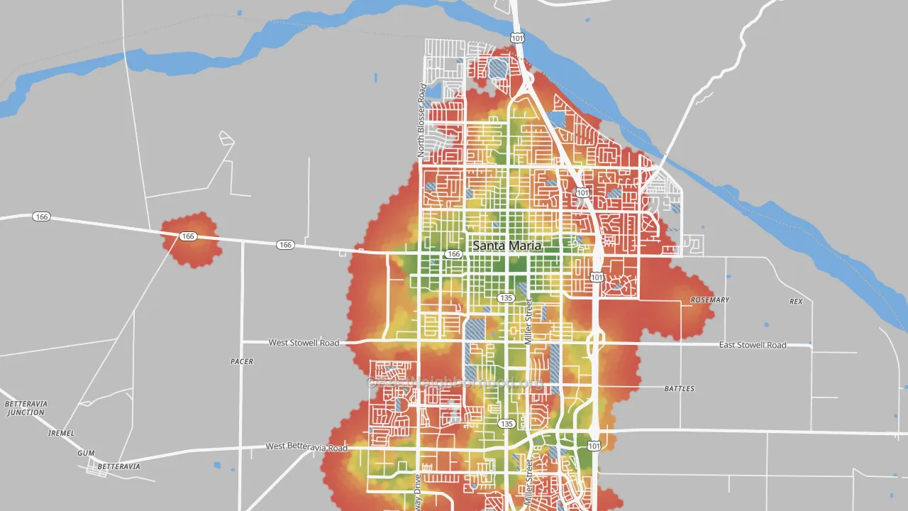 Walk Grade map of 93458, CA, walkable areas in green and car-dependent areas in red