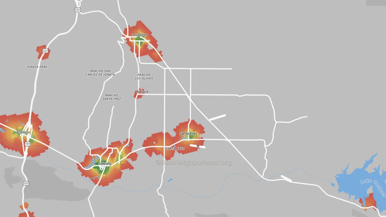 Walk Grade map of 93460, CA, walkable areas in green and car-dependent areas in red
