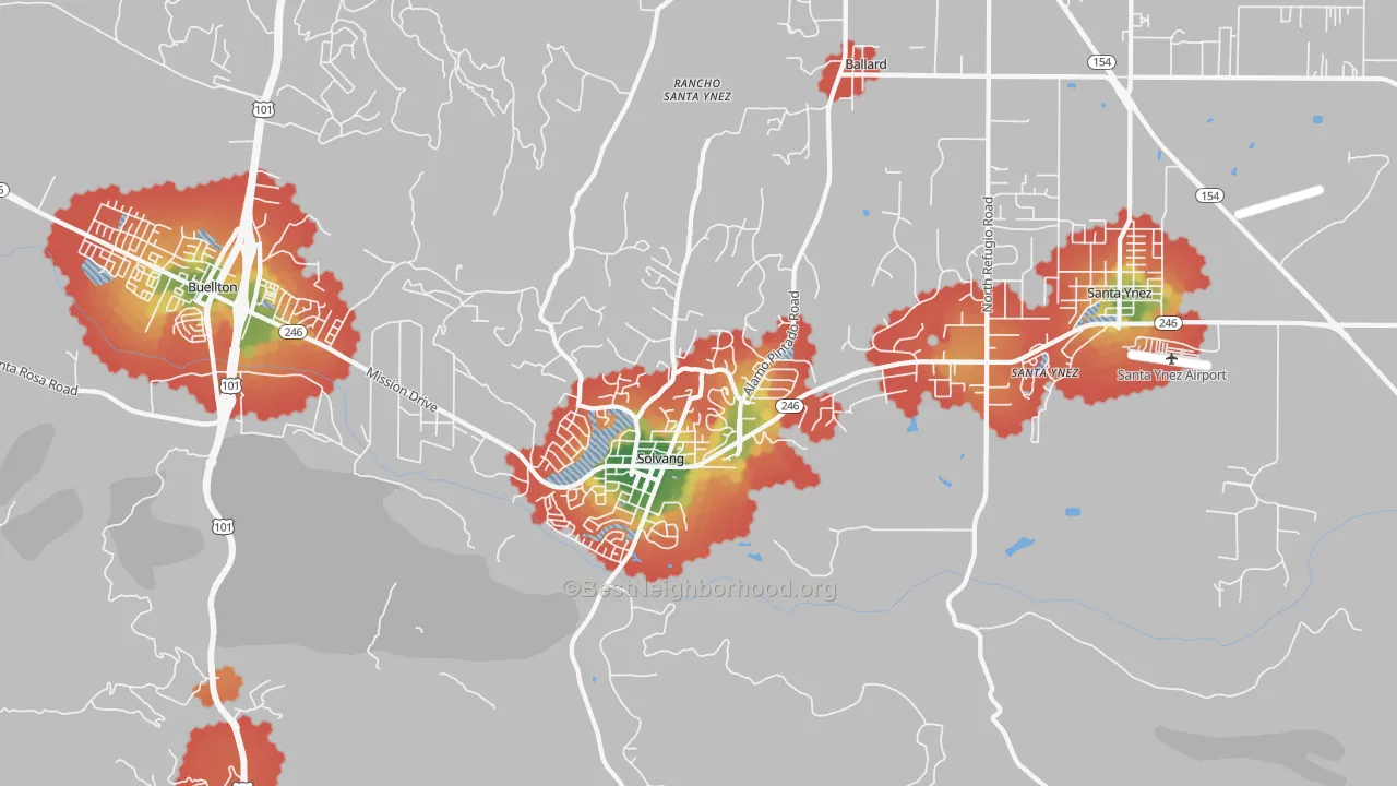 Walk Grade map of 93463, CA, walkable areas in green and car-dependent areas in red
