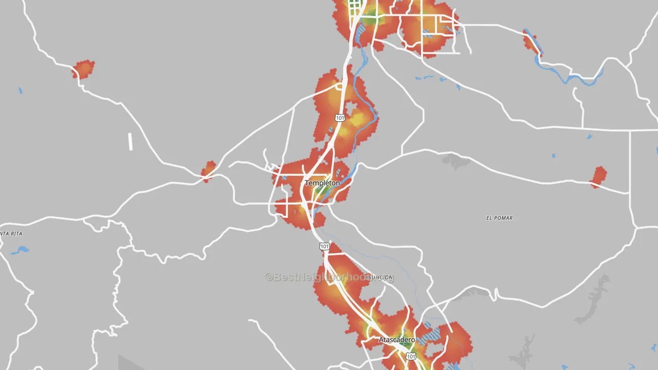Walk Grade map of 93465, CA, walkable areas in green and car-dependent areas in red