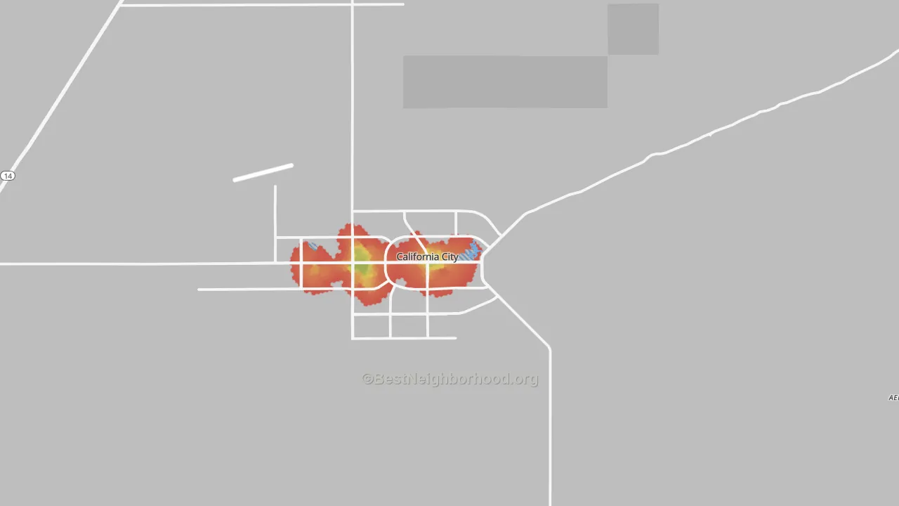 Walk Grade map of 93505, CA, walkable areas in green and car-dependent areas in red