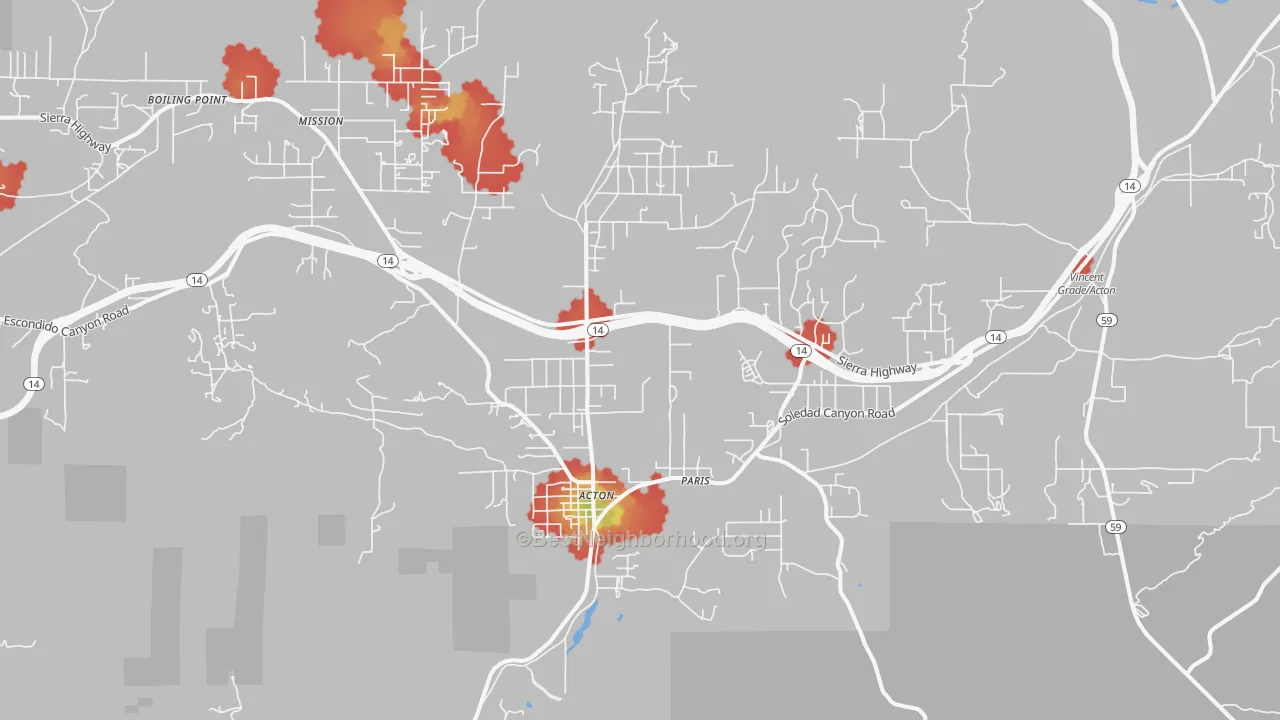 Walk Grade map of 93510, CA, walkable areas in green and car-dependent areas in red