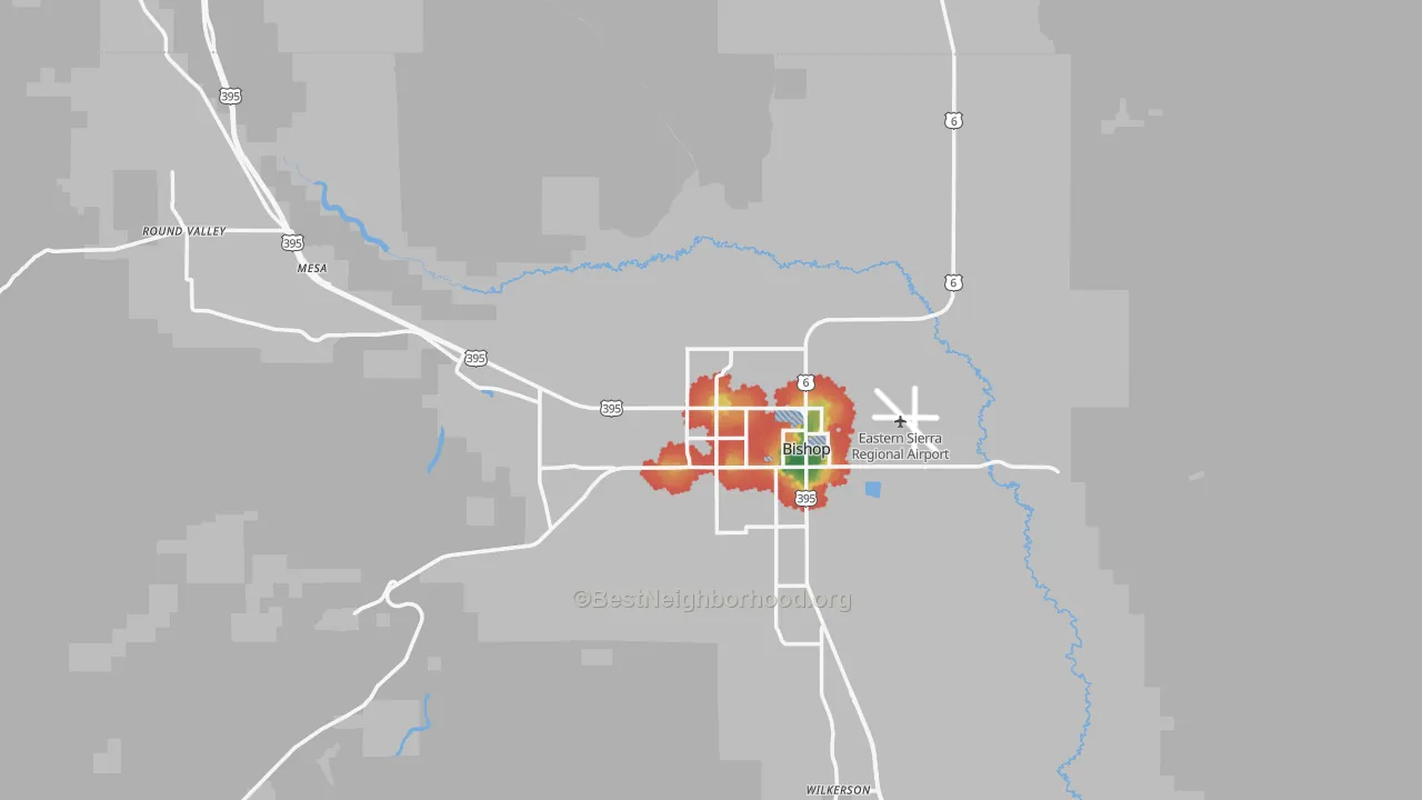 Walk Grade map of 93514, CA, walkable areas in green and car-dependent areas in red