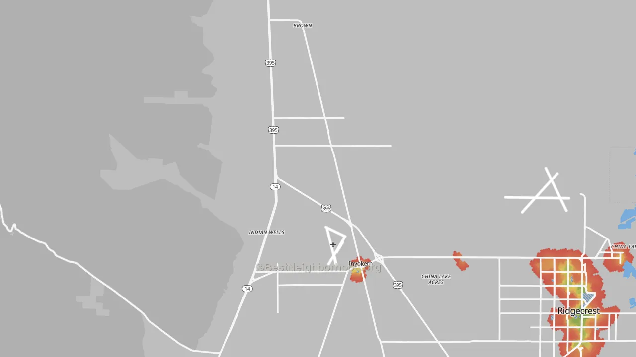 Walk Grade map of 93527, CA, walkable areas in green and car-dependent areas in red