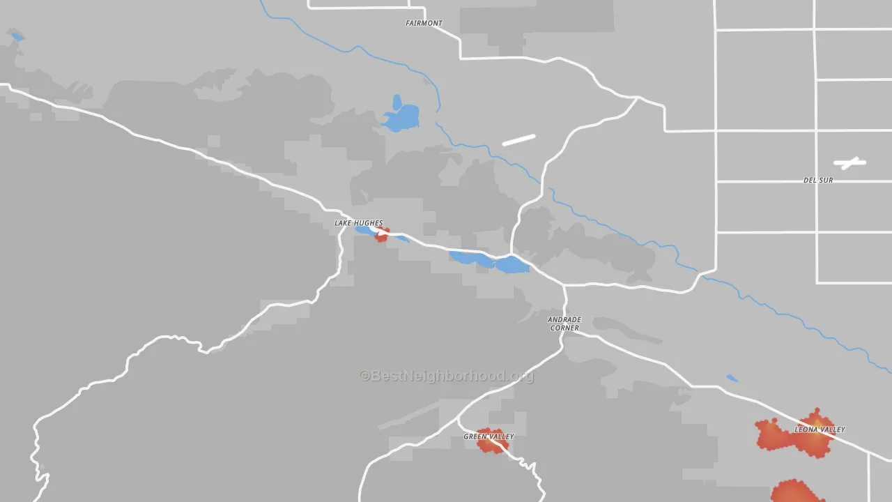 Walk Grade map of 93532, CA, walkable areas in green and car-dependent areas in red