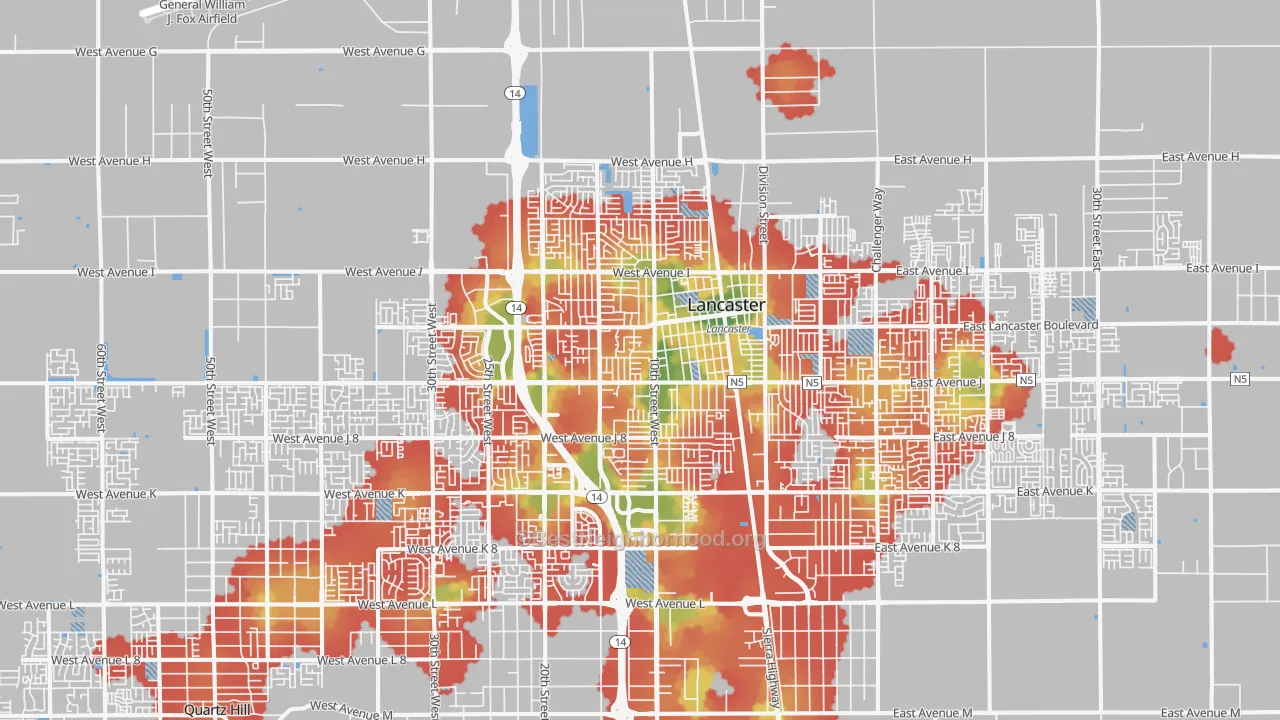 Walk Grade map of 93534, CA, walkable areas in green and car-dependent areas in red
