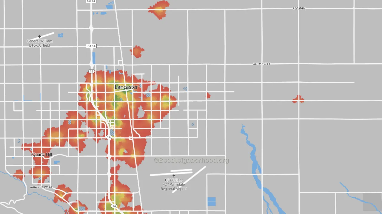 Walk Grade map of 93535, CA, walkable areas in green and car-dependent areas in red