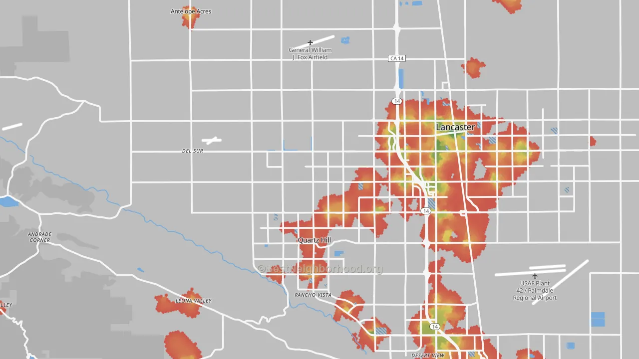 Walk Grade map of 93536, CA, walkable areas in green and car-dependent areas in red