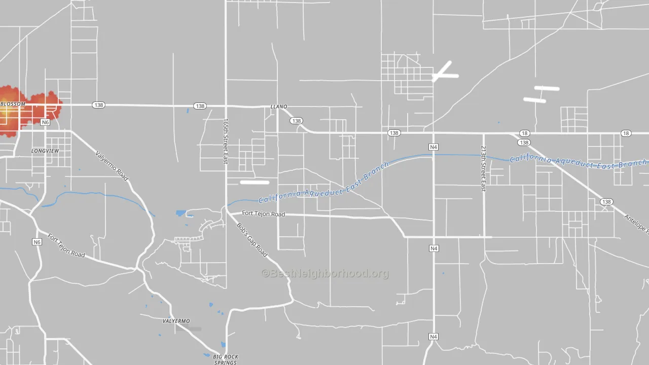 Walk Grade map of 93544, CA, walkable areas in green and car-dependent areas in red