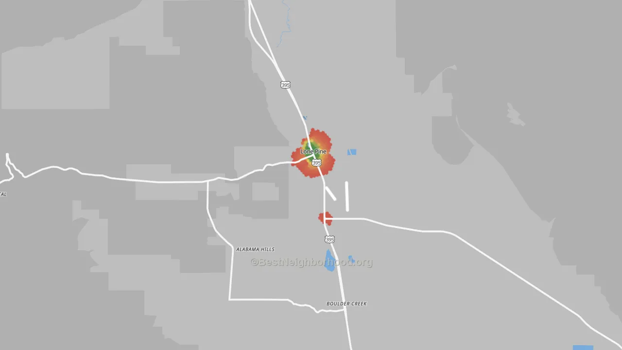 Walk Grade map of 93545, CA, walkable areas in green and car-dependent areas in red