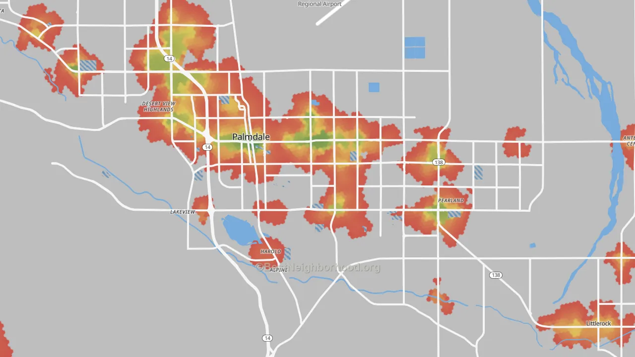Walk Grade map of 93550, CA, walkable areas in green and car-dependent areas in red