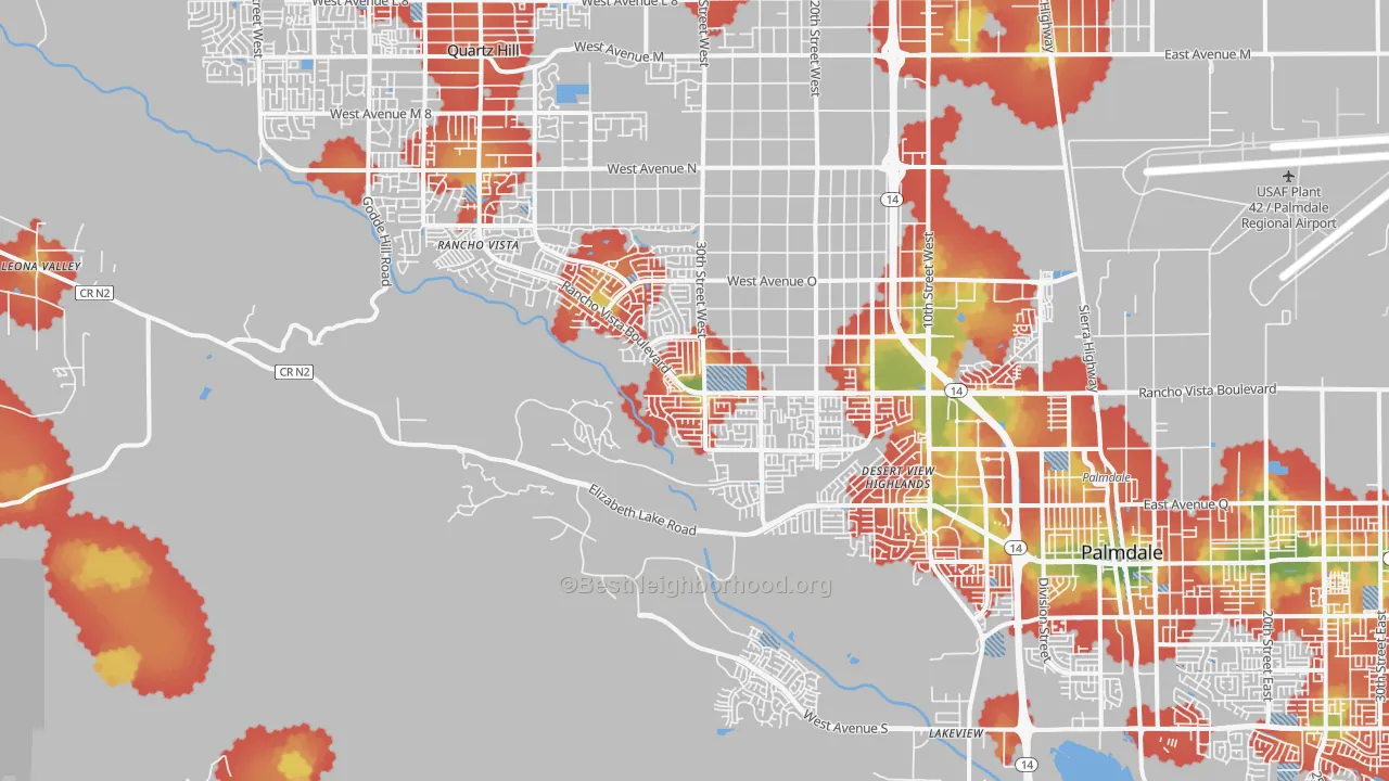 Walk Grade map of 93551, CA, walkable areas in green and car-dependent areas in red
