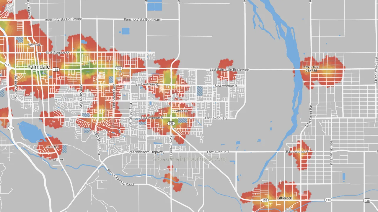 Walk Grade map of 93552, CA, walkable areas in green and car-dependent areas in red