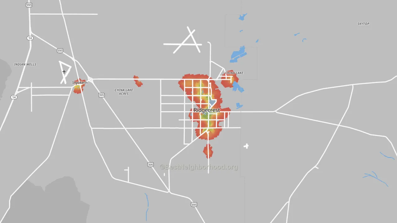 Walk Grade map of 93555, CA, walkable areas in green and car-dependent areas in red
