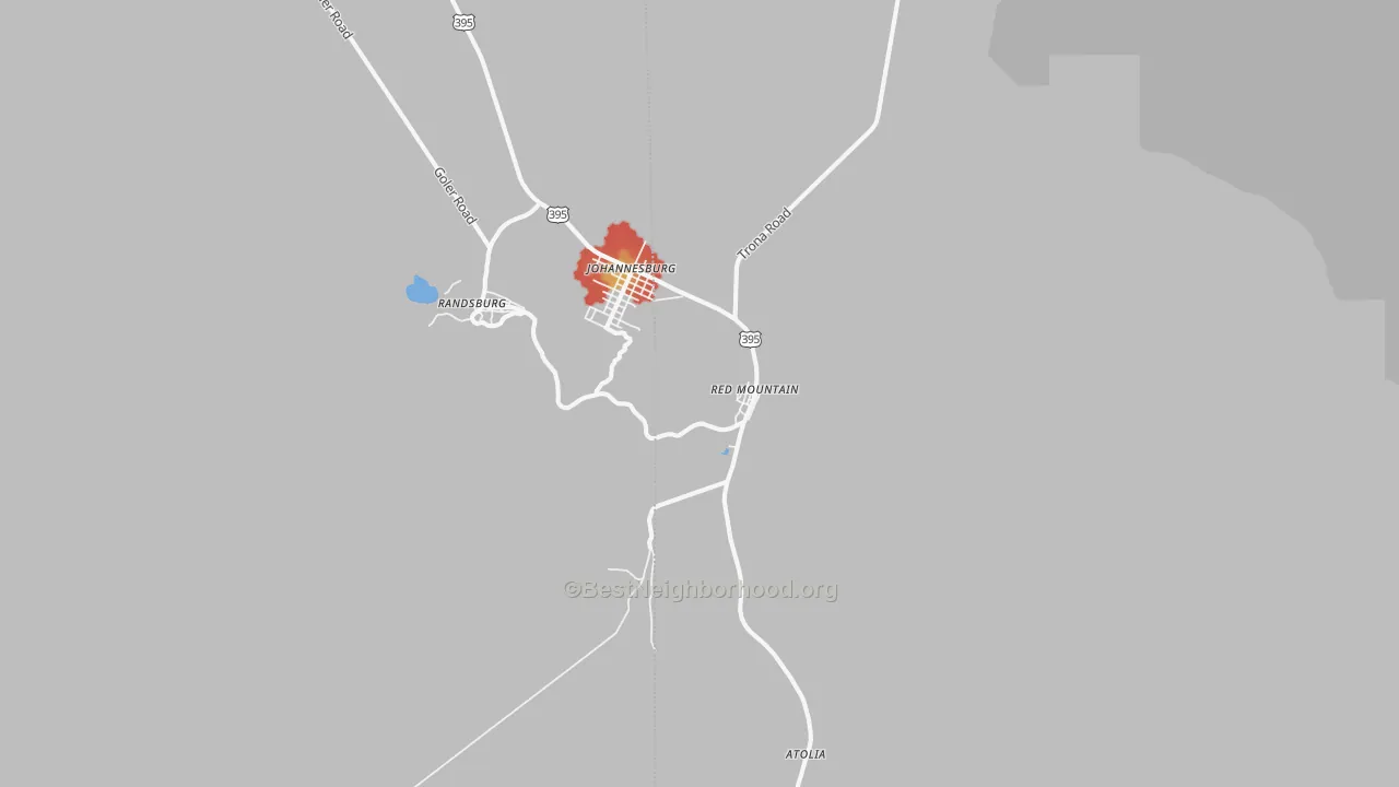 Walk Grade map of 93558, CA, walkable areas in green and car-dependent areas in red