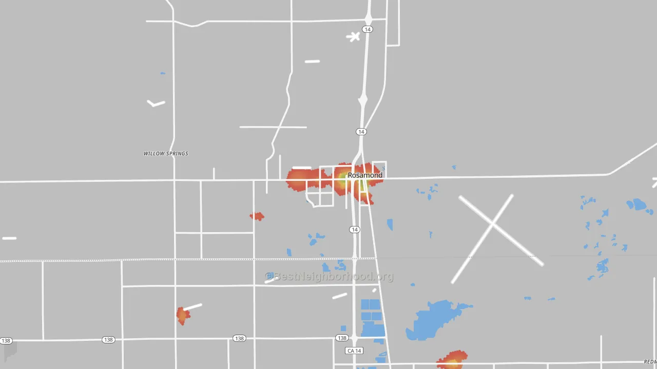 Walk Grade map of 93560, CA, walkable areas in green and car-dependent areas in red