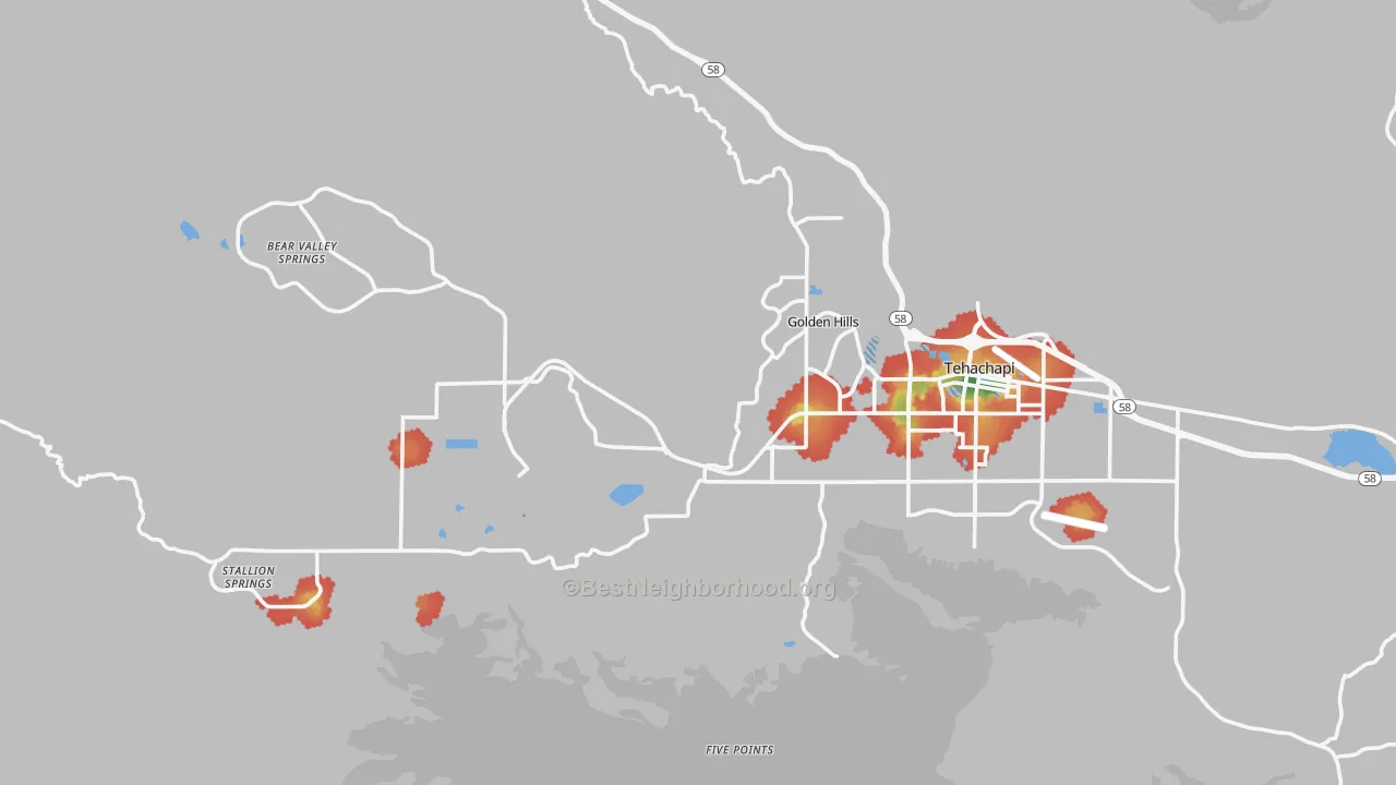 Walk Grade map of 93561, CA, walkable areas in green and car-dependent areas in red