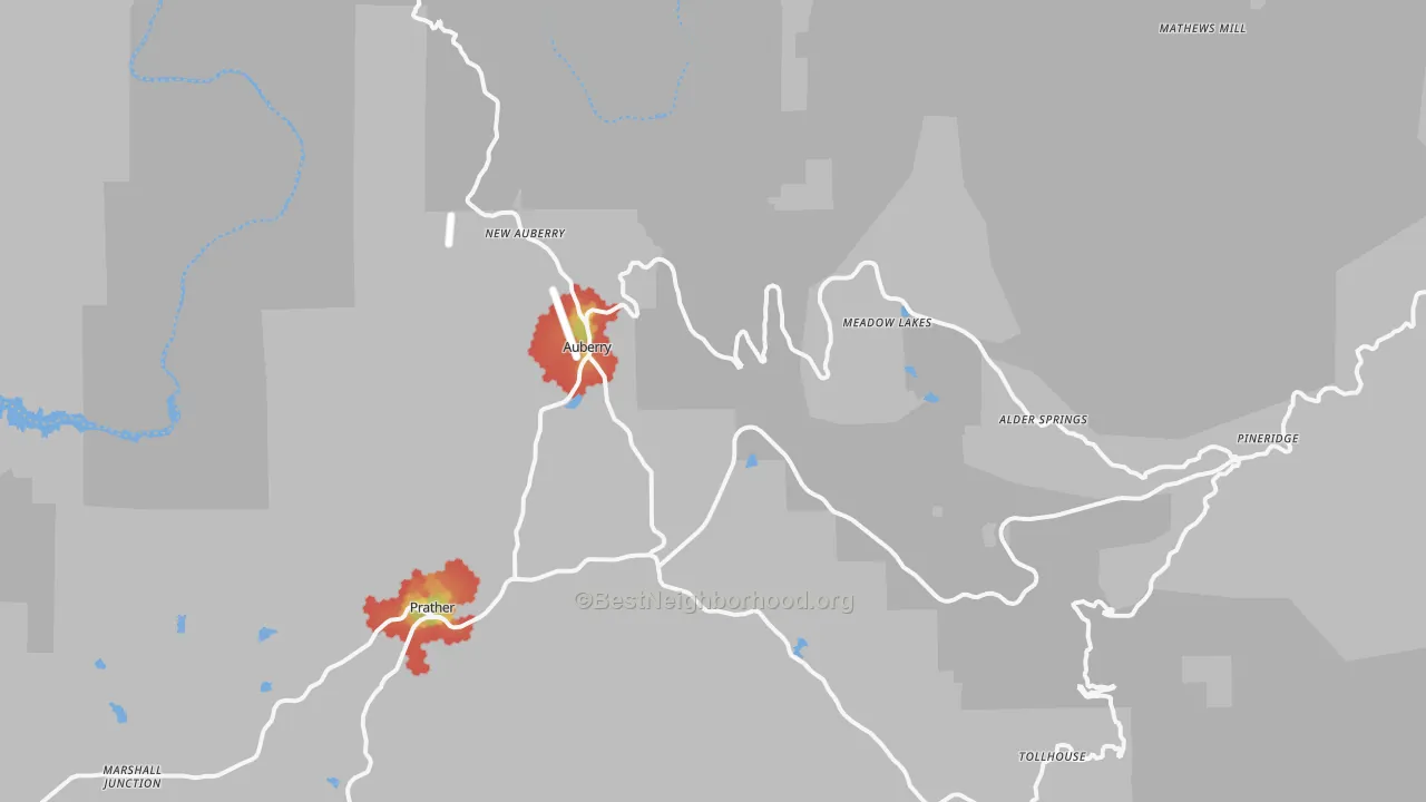 Walk Grade map of 93602, CA, walkable areas in green and car-dependent areas in red