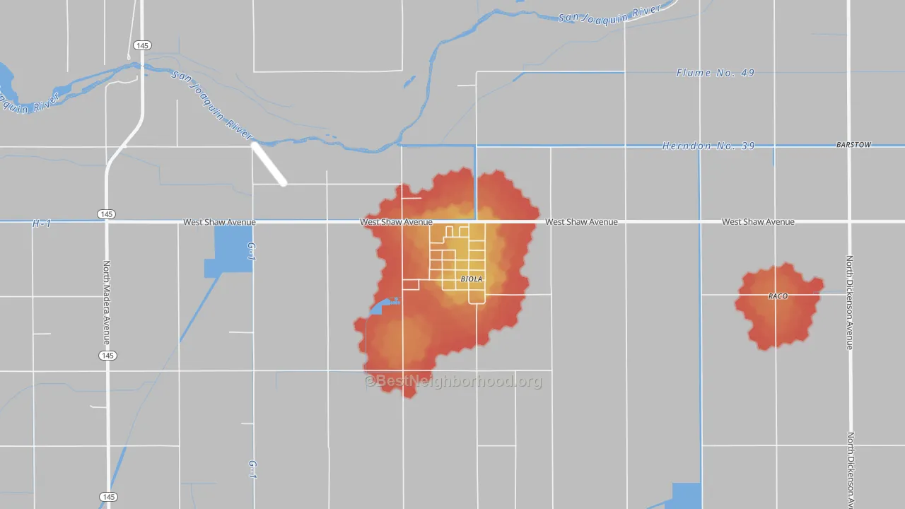 Walk Grade map of 93606, CA, walkable areas in green and car-dependent areas in red