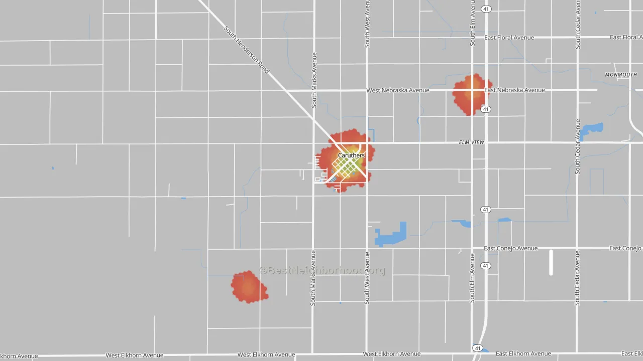Walk Grade map of 93609, CA, walkable areas in green and car-dependent areas in red