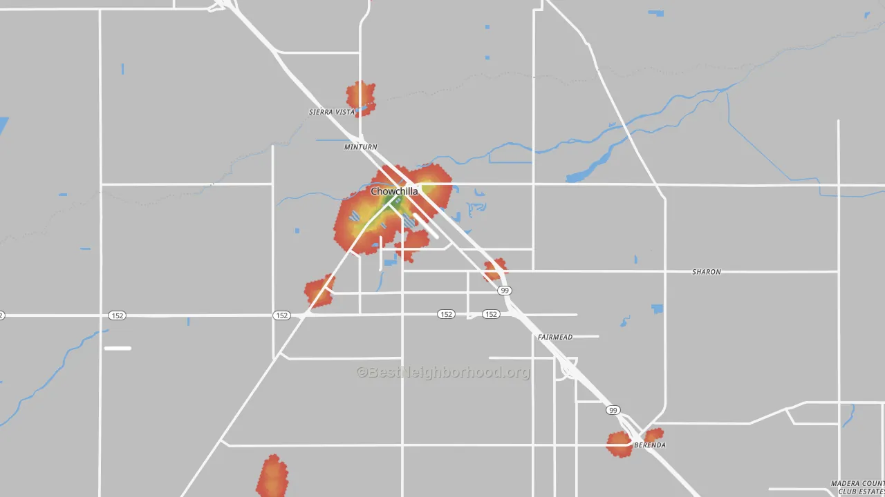 Walk Grade map of 93610, CA, walkable areas in green and car-dependent areas in red