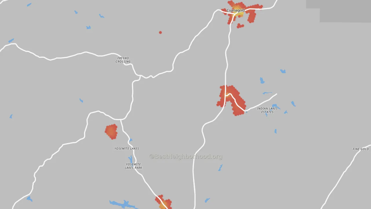 Walk Grade map of 93614, CA, walkable areas in green and car-dependent areas in red