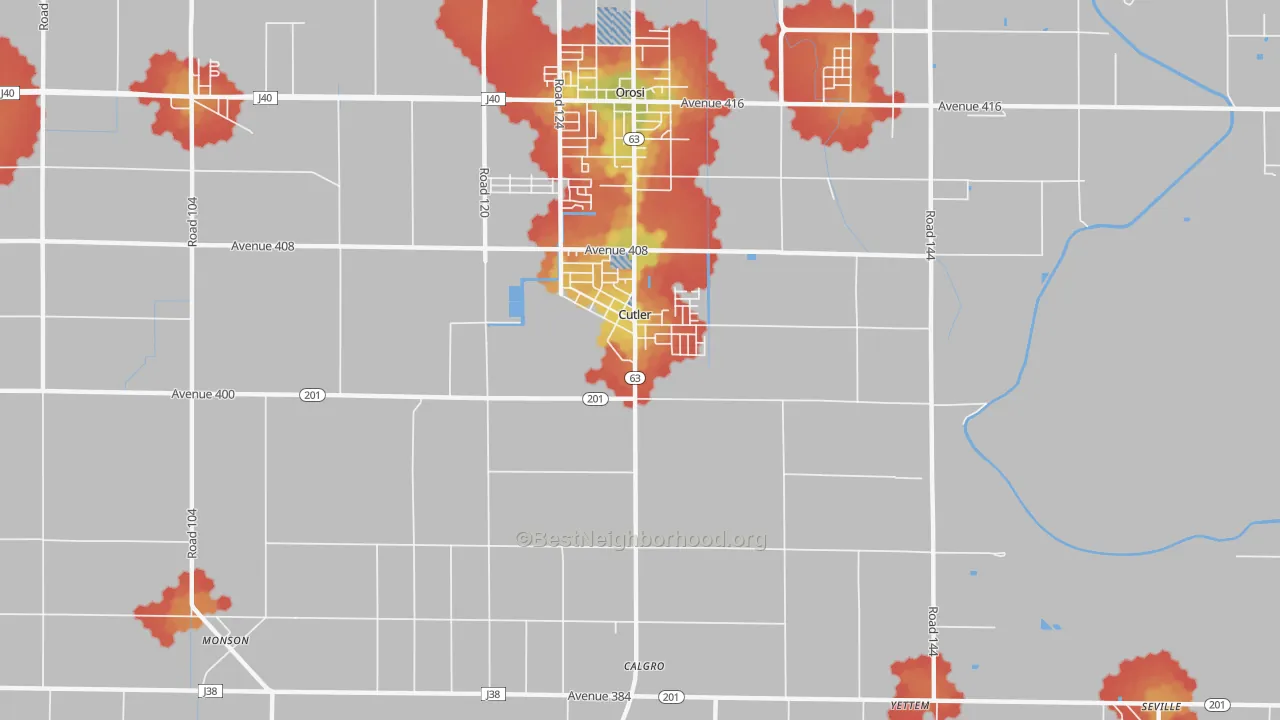 Walk Grade map of 93615, CA, walkable areas in green and car-dependent areas in red