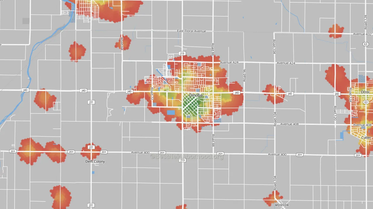 Walk Grade map of 93618, CA, walkable areas in green and car-dependent areas in red