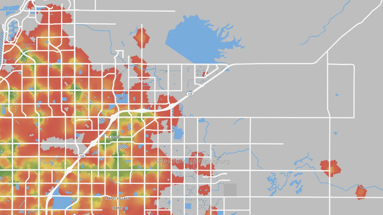 Walk Grade map of 93619, CA, walkable areas in green and car-dependent areas in red