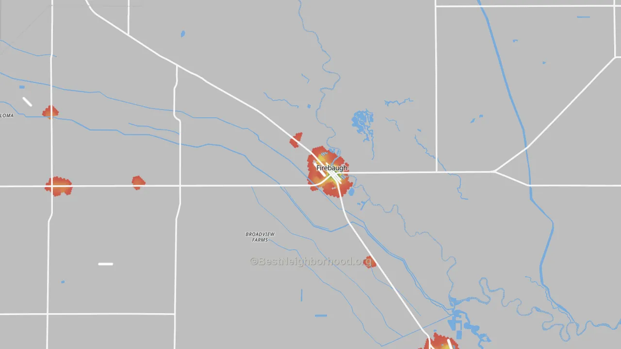 Walk Grade map of 93622, CA, walkable areas in green and car-dependent areas in red